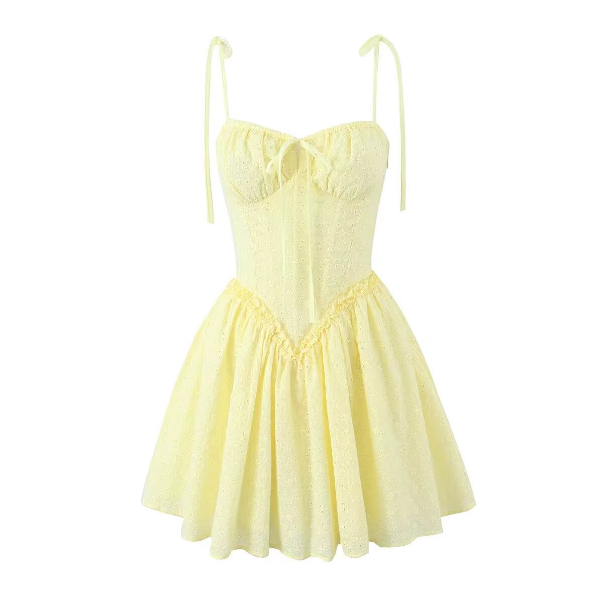 Sexy Elegant Women Hollow Out Embroidery Yellow Sling Mini Dress Low Waist Lace up Bandage Party Dresses Birthday Robe