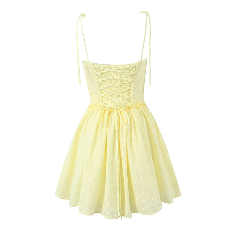 Sexy Elegant Women Hollow Out Embroidery Yellow Sling Mini Dress Low Waist Lace up Bandage Party Dresses Birthday Robe