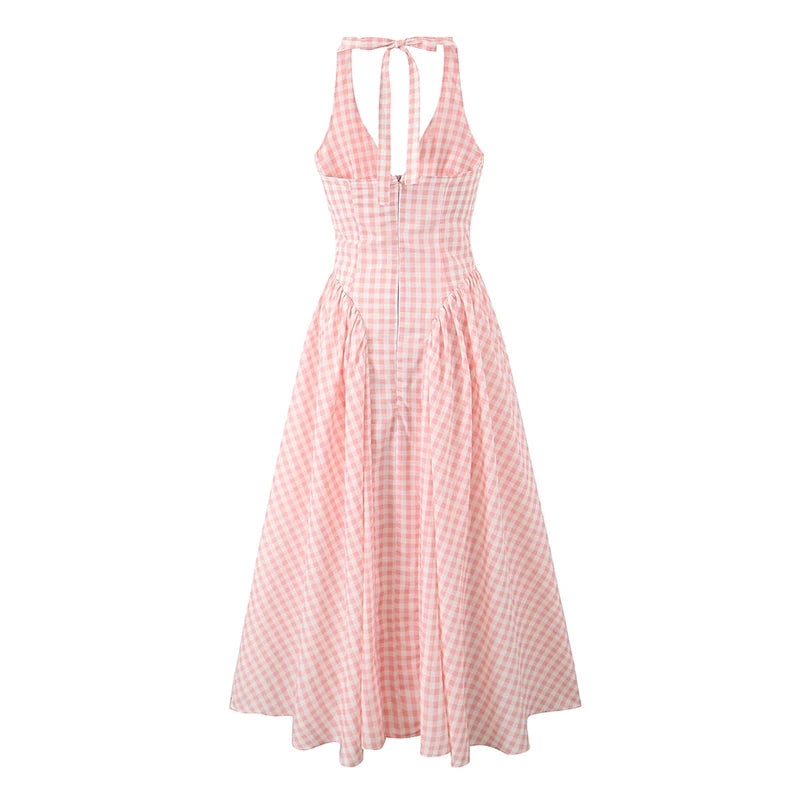 Summer Women Sexy Backless Pink Plaid Halter Dress Low Waist Elegant Party Dresses Holiday Robe