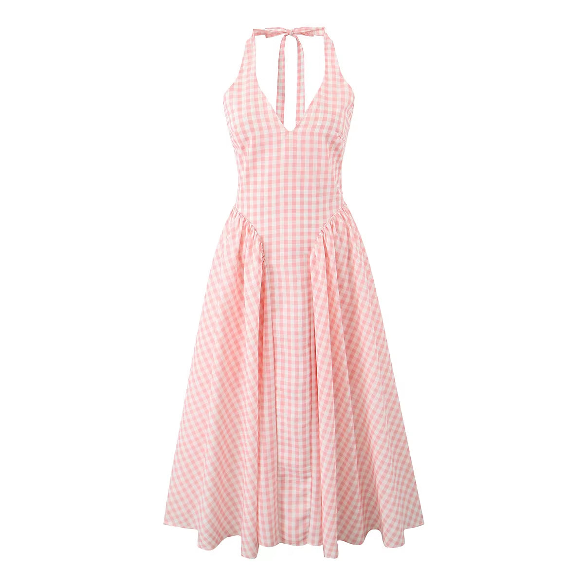 Summer Women Sexy Backless Pink Plaid Halter Dress Low Waist Elegant Party Dresses Holiday Robe